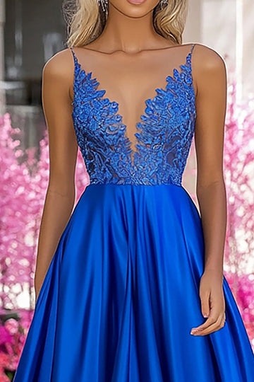 Robe de bal longue trapèze en satin bleu royal à col en V profond avec appliques